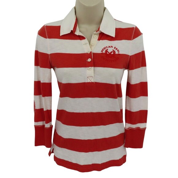 American Eagle Extra Small XS Orange White Stripe Logo Collar Shirt Top Polo Y2K - Picture 1 of 12